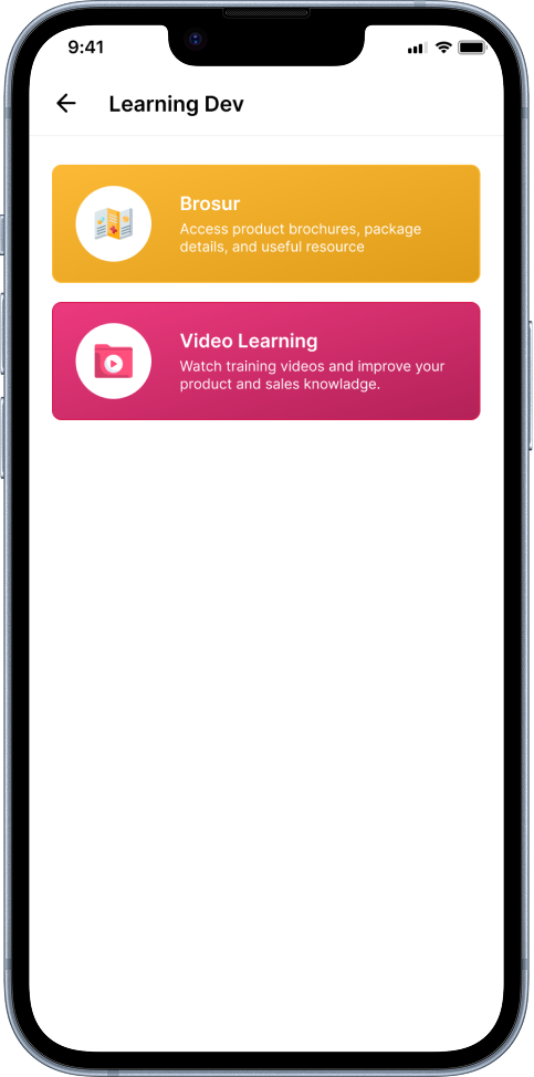 SALLY Learning Dev screen with Brosur (product brochures) and Video Learning (training videos) cards
